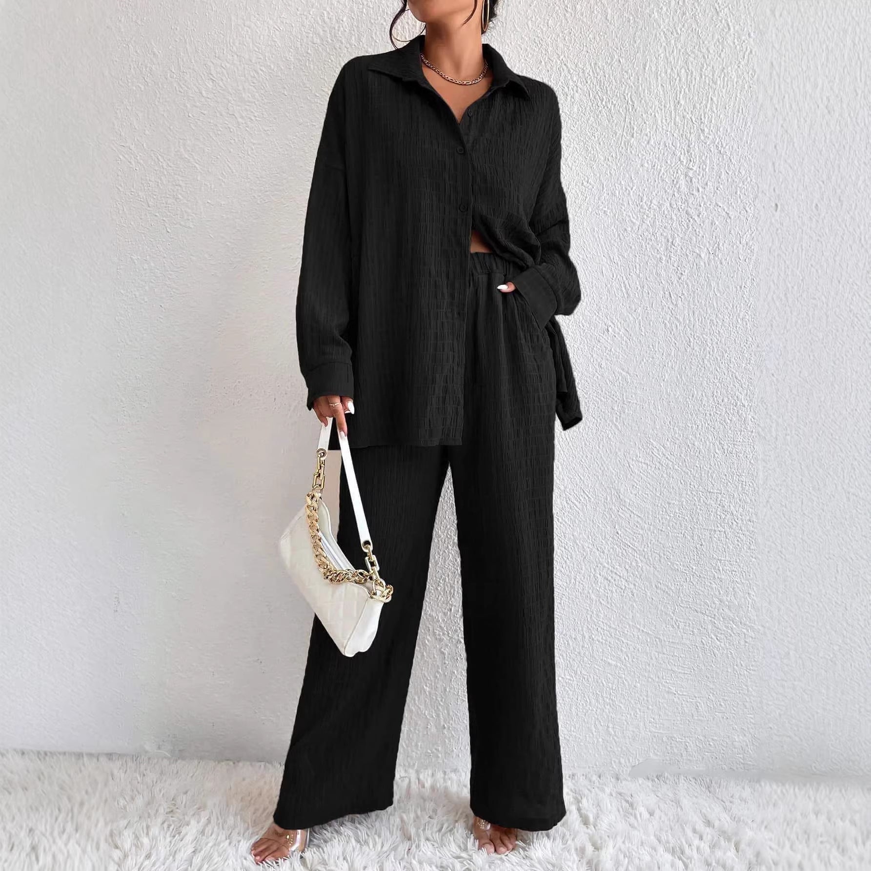Women's pleated long sleeve lapel two-piece set by FitiqueFit featuring a loose top and matching pants in casualwear style.