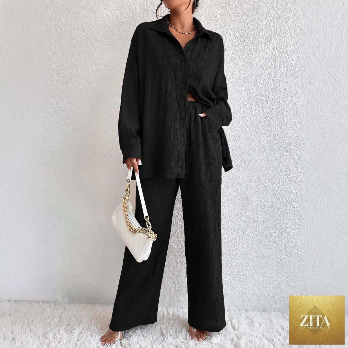 Zita La Belle Elite women's casual two-piece set with pleated long sleeve top and matching loose pants, stylish and comfortable.
