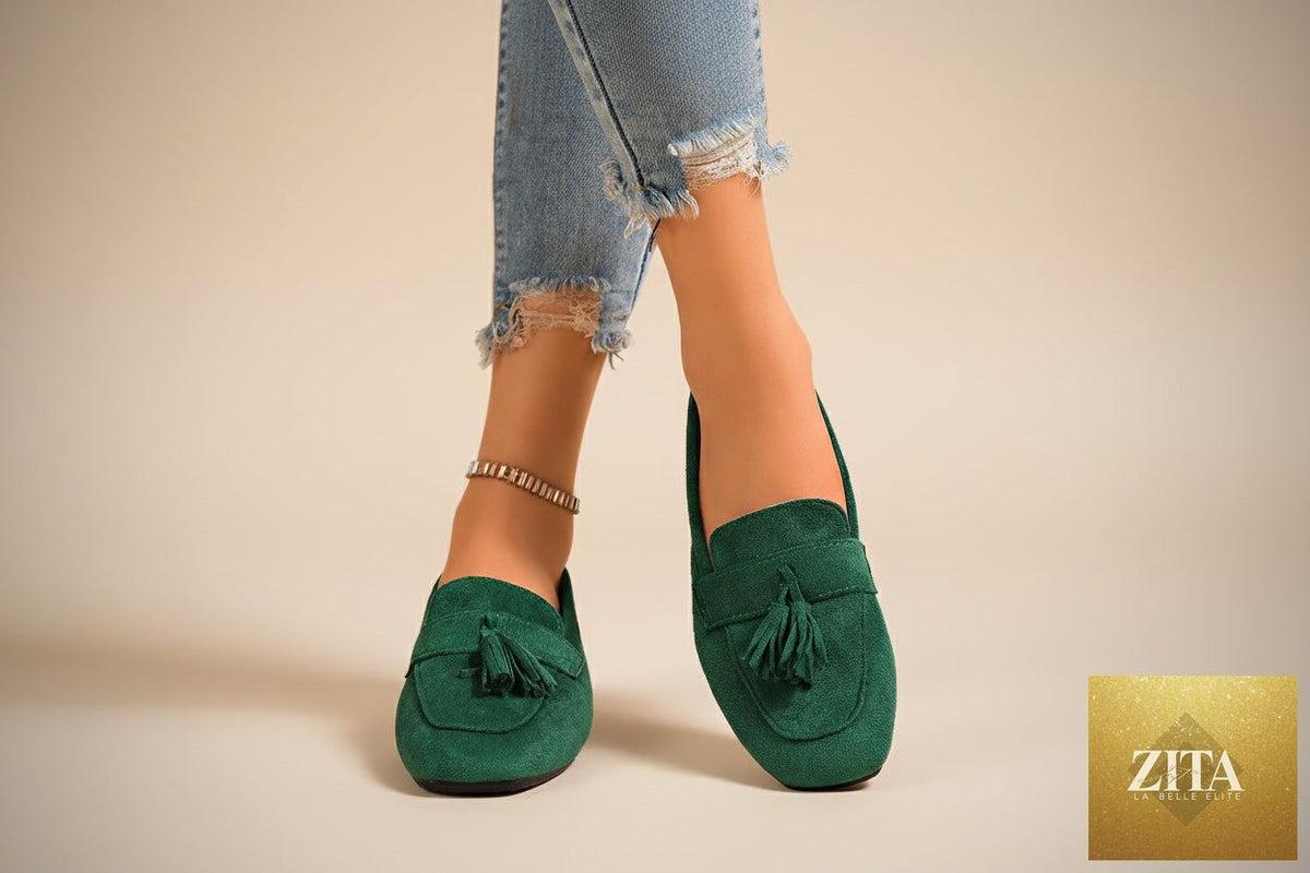 Women's square toe tassel slip-on loafers by FitiqueFit, featuring suede material and casual flat design with tassel accents.