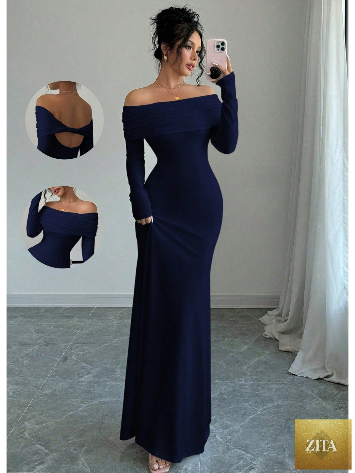 Elegant off-shoulder midi evening gown for women, featuring a flowing design and stylish silhouette from Trendy Attic Store01.