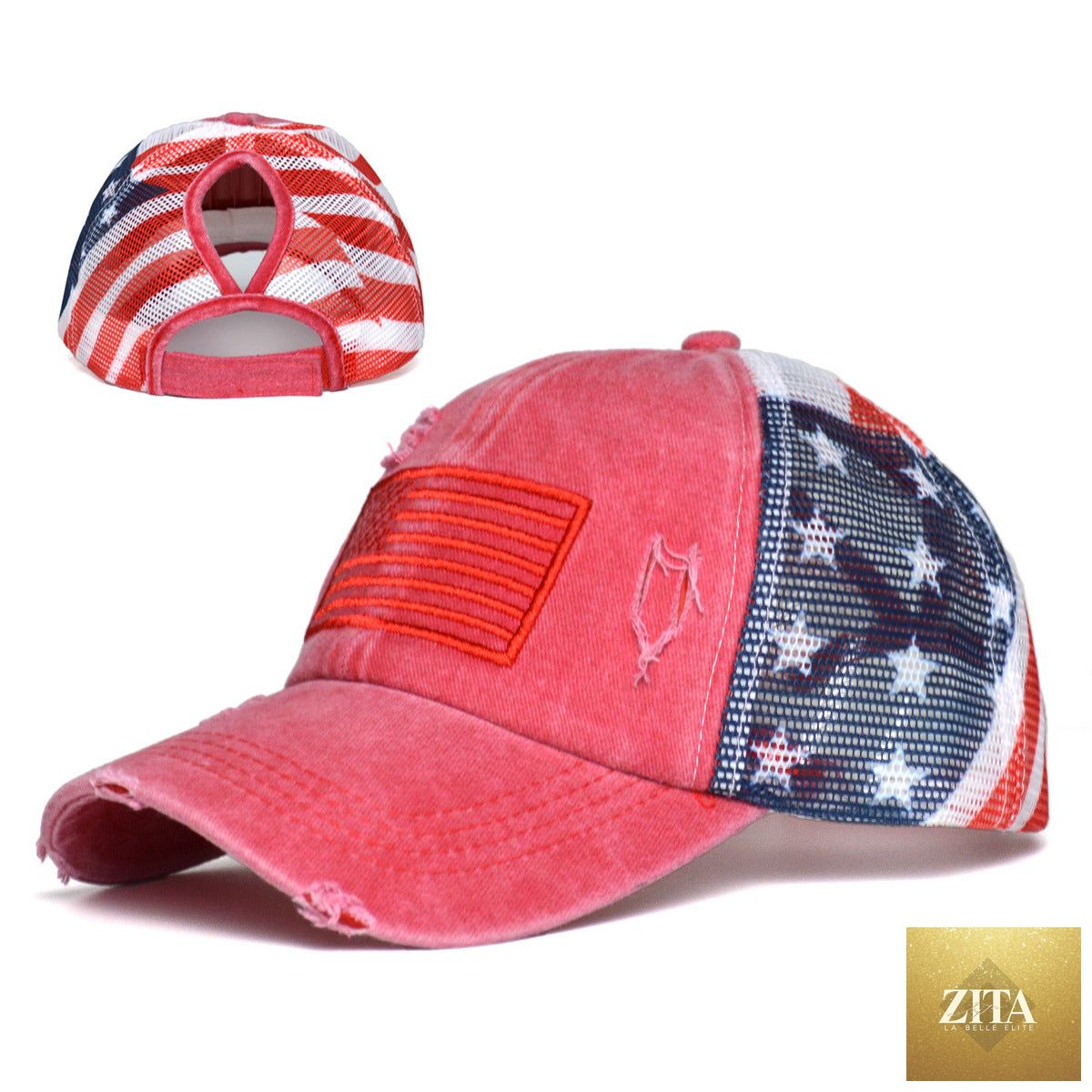 Women's embroidered baseball cap with ripped details and breathable polyester dome top by Zita La Belle Elite.