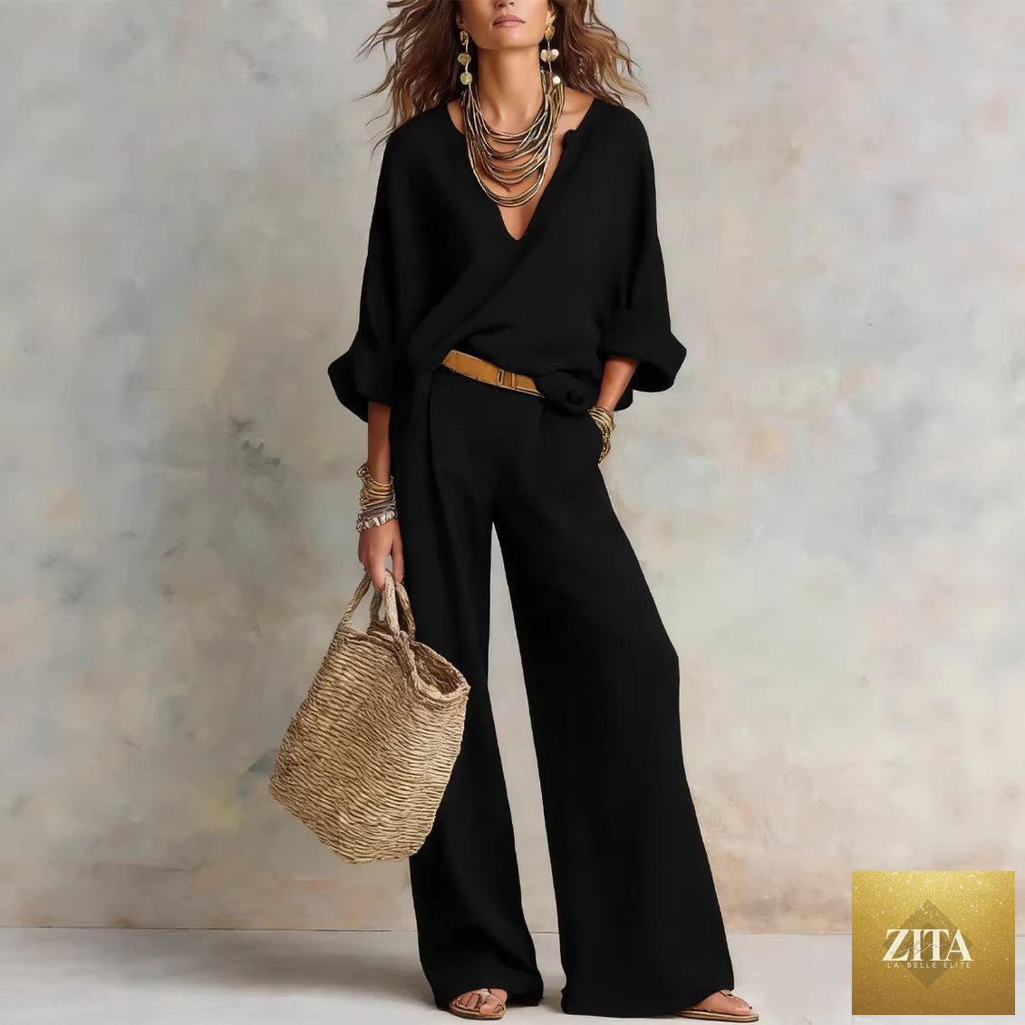 Women's casual linen vacation set by Zita La Belle Elite, includes three-quarter sleeve top and full-length pants, lightweight and comfortable.