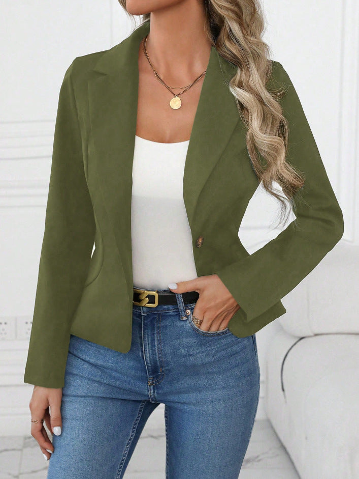 Women's slim fit solid color blazer with long sleeves, French style, from FitiqueFit, shown as a tailored jacket in the image.