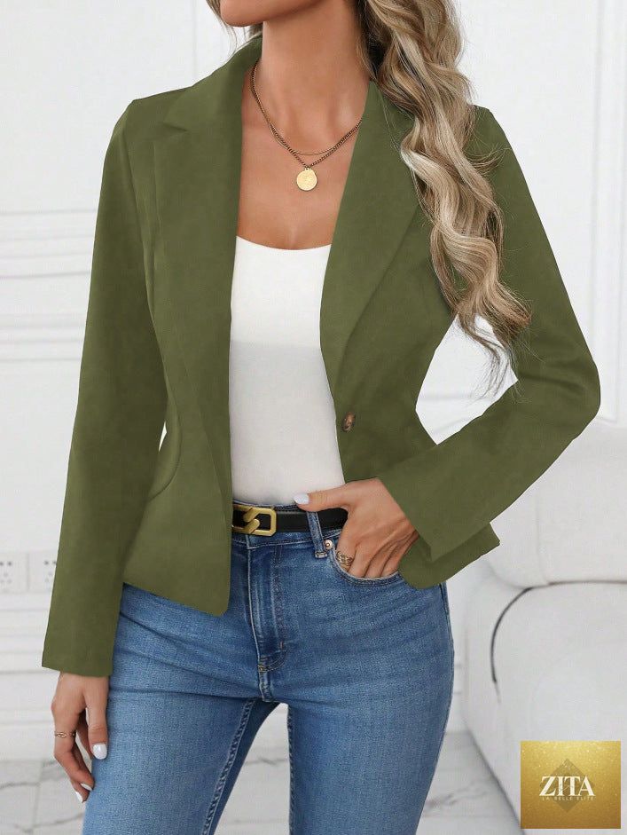 Women's slim fit solid color blazer with long sleeves, French style, from FitiqueFit, shown as a tailored jacket in the image.