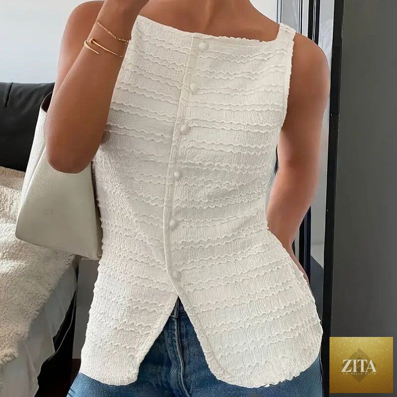 Zita La Belle Elite Y2K square neck button-up vest top in casualwear style, featuring a trendy tank top design with a square neckline.