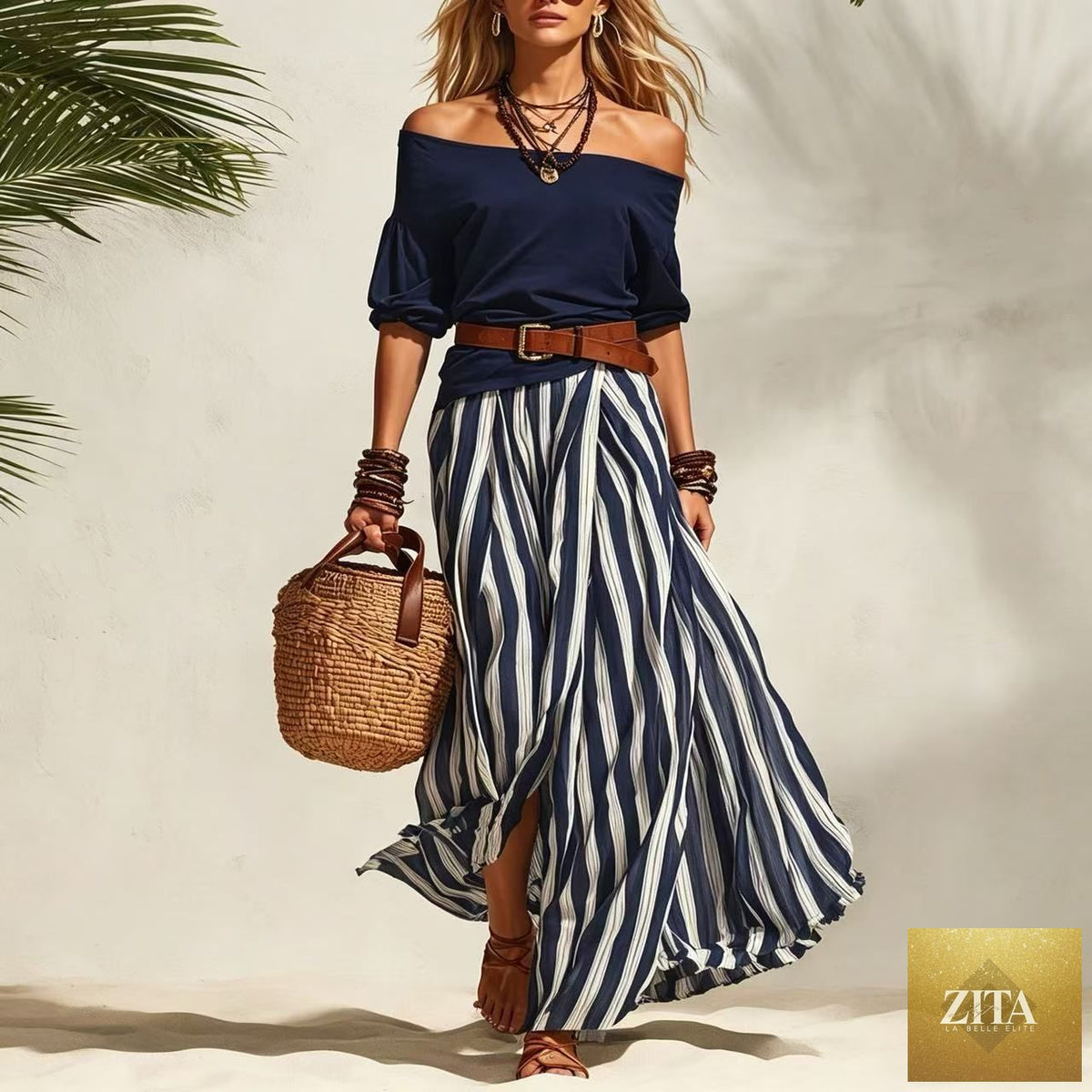 Zita La Belle Elite women's casual off-shoulder top and slit maxi skirt set, featuring flowy fabric and stylish design.