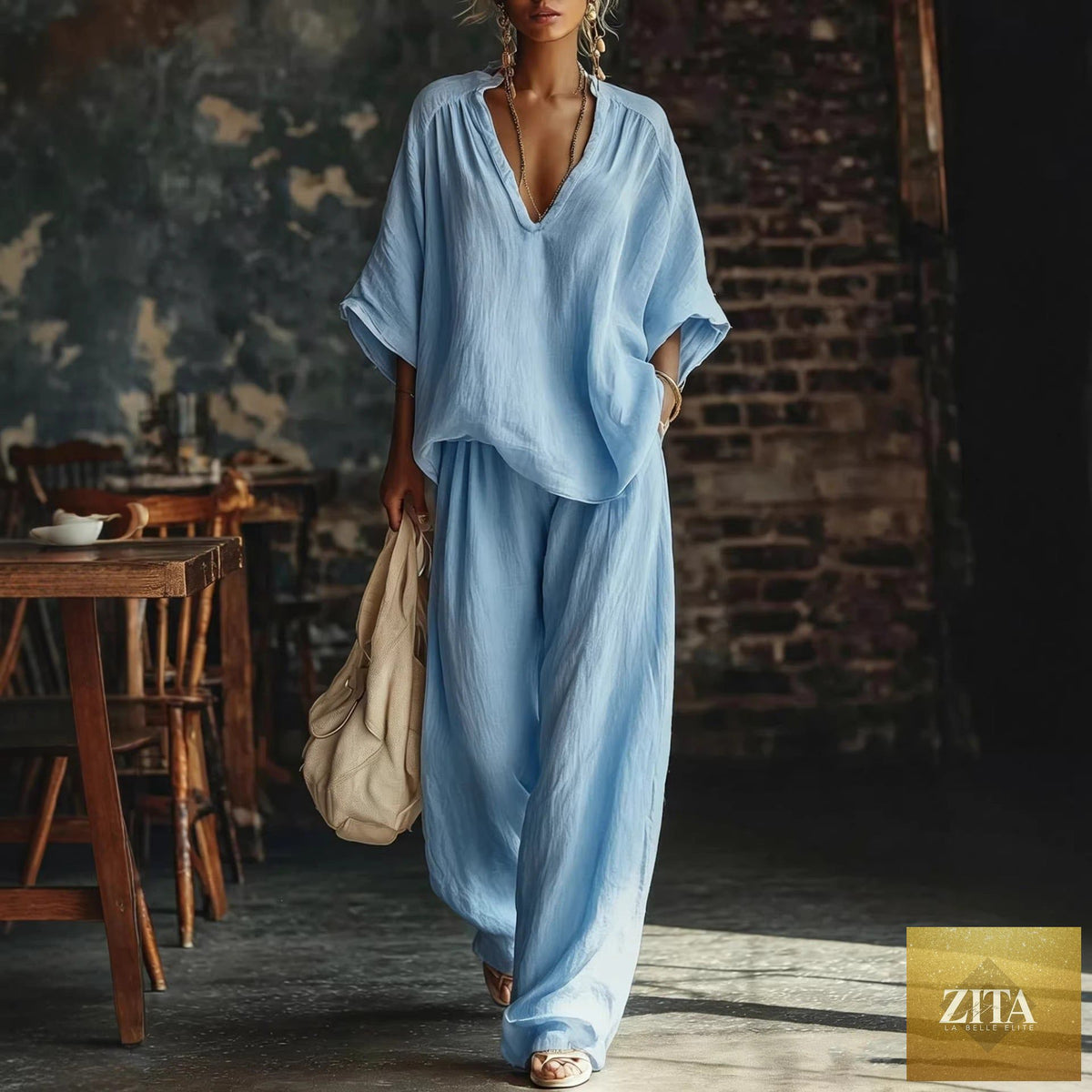 Zita La Belle Elite casualwear set featuring a V-neck loose short-sleeve top and matching pants in five colors, size S to 4XL.