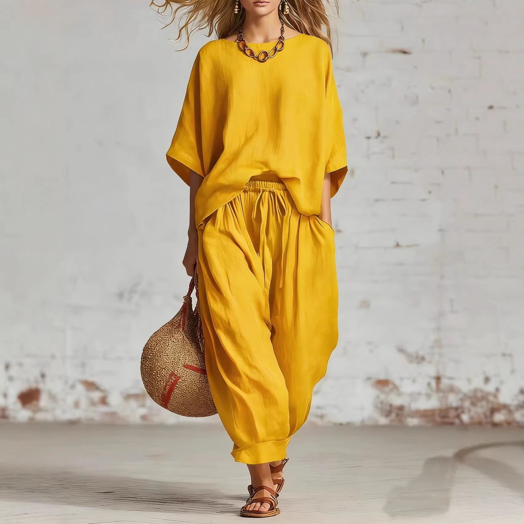 Women's solid color casual set with a loose T-shirt and ankle pants by FitiqueFit, displayed on a neutral background.