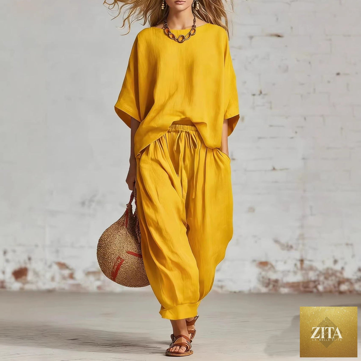 Zita La Belle Elite women's casual loose fit set with solid color T-shirt and ankle pants, perfect for relaxed everyday wear.