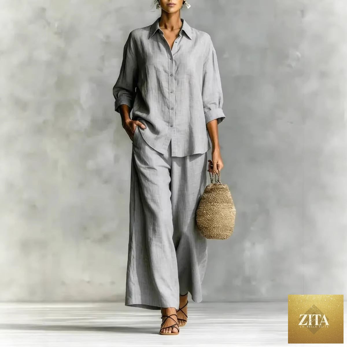 Zita La Belle Elite cotton-linen casual shirt and wide-leg pants suit in six colors, available in sizes S to 5XL.