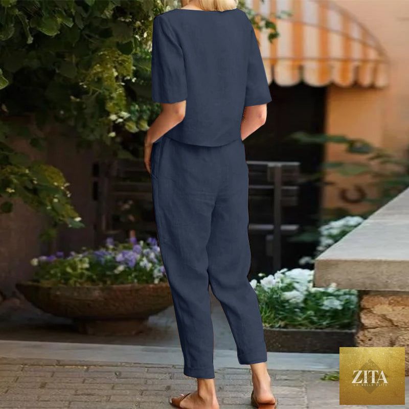 Zita La Belle Elite wide-leg pants two-piece set in solid color, casual lounge suit with relaxed fit and comfortable fabric.