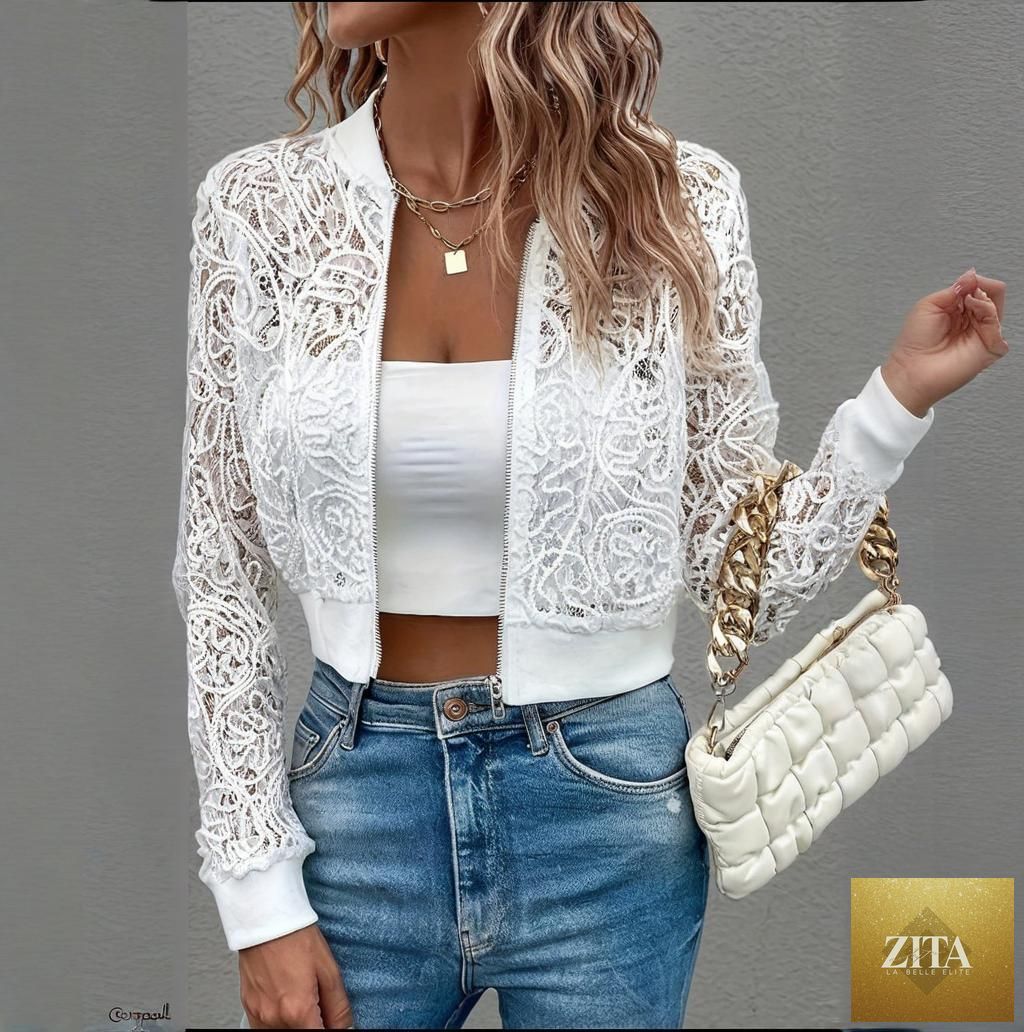 Women's lace short zip-up long sleeve jacket by Zita La Belle Elite, elegant casualwear for spring and fall.