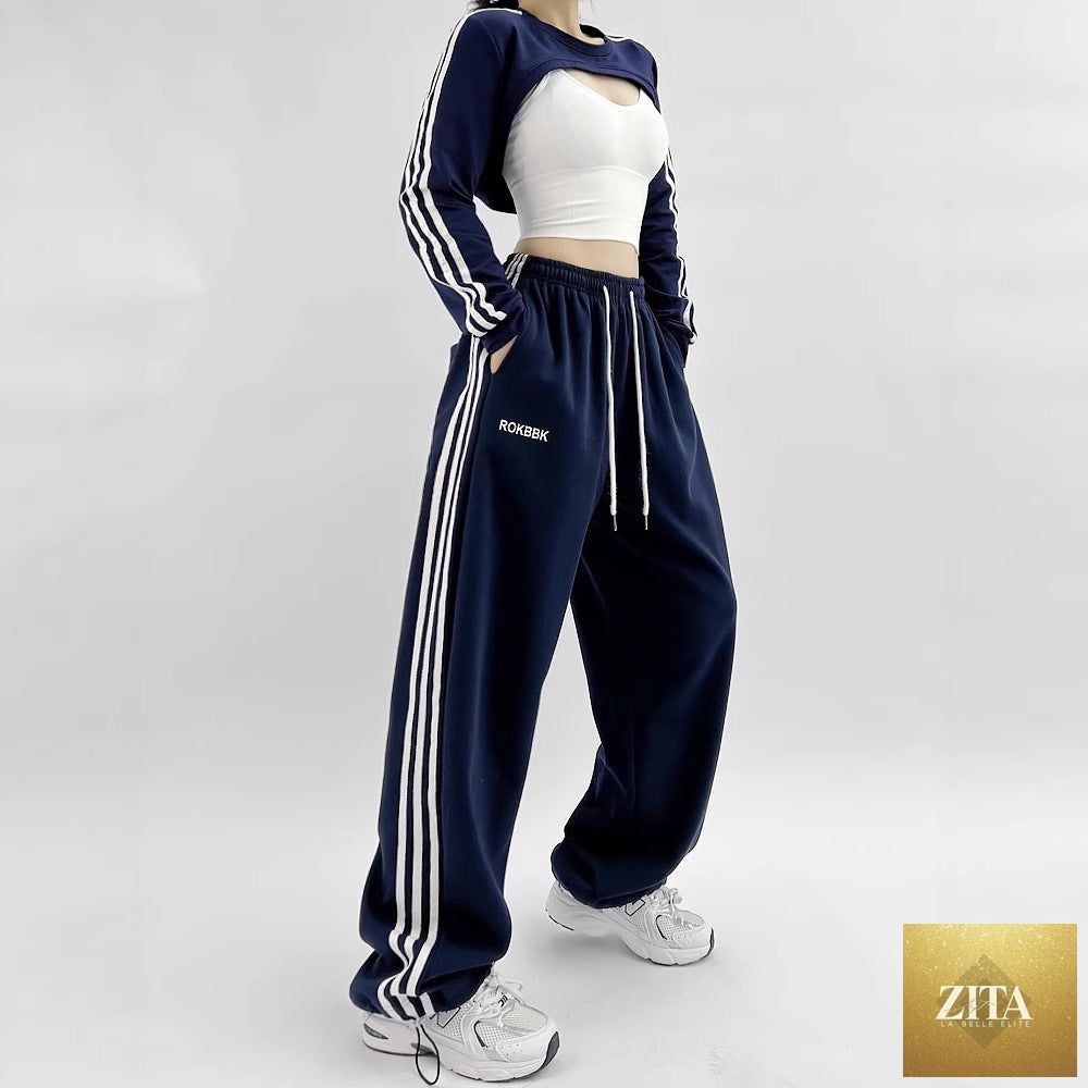 Zita La Belle Elite embroidered patchwork wide-leg athletic sweatpants in four colors, featuring relaxed fit and stylish design.