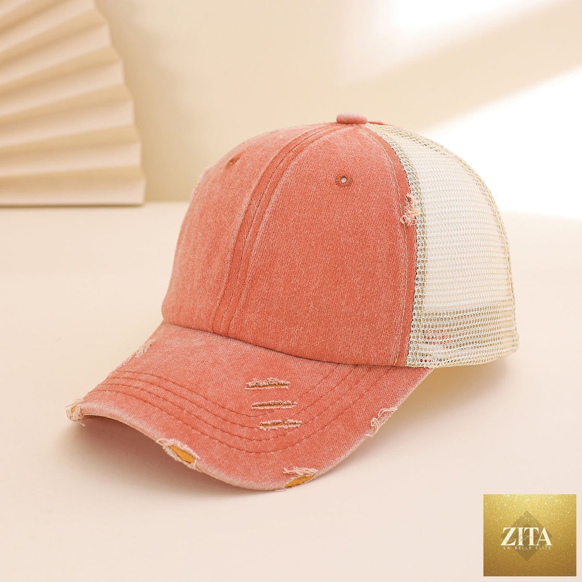 Distressed washed mesh baseball cap by Zita La Belle Elite, frayed unisex hat for outdoor and daily wear, showing front view.