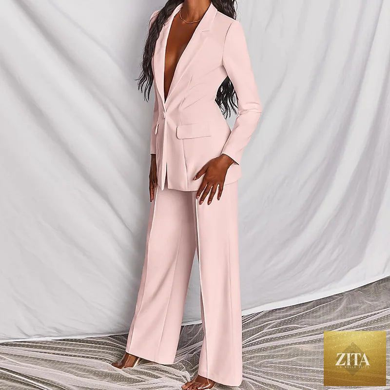 FitiqueFit two-piece blazer and straight-leg trousers suit featuring a lapel button-down blazer and matching tailored trousers.
