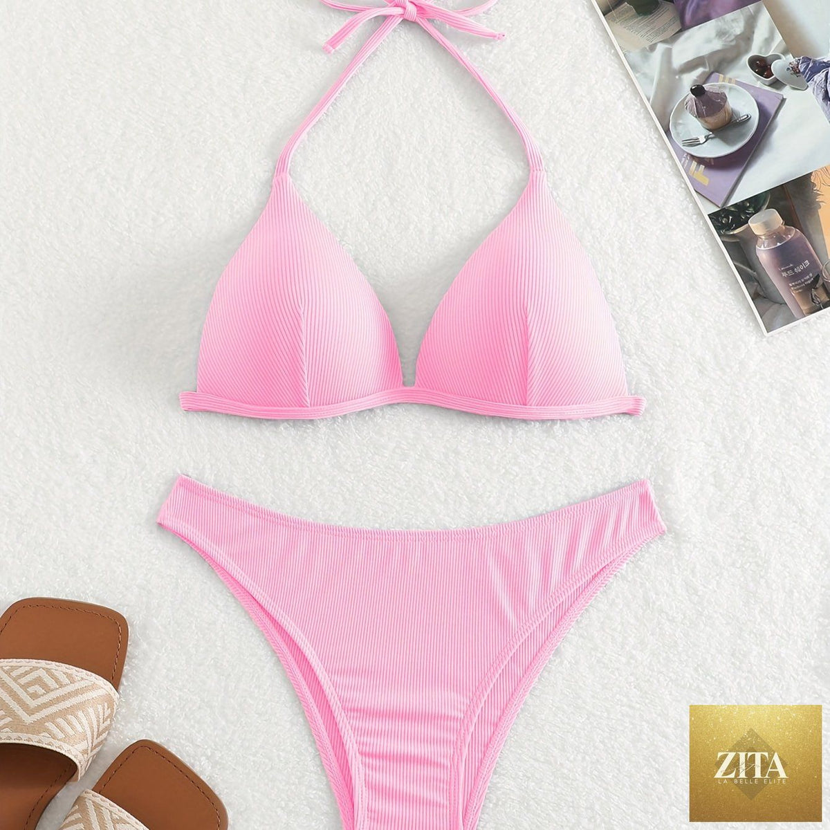 Stevvex bikini set with rib knit solid color triangle top, halter style with spaghetti straps and adjustable tie back, swimwear for women