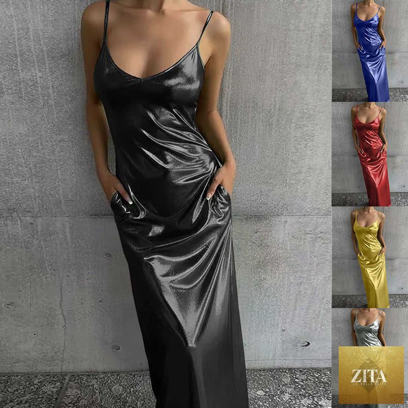 Zita La Belle Elite textured mirror-finish U-neck slip maxi dress with pockets, casualwear, showing the shiny fabric and relaxed fit.