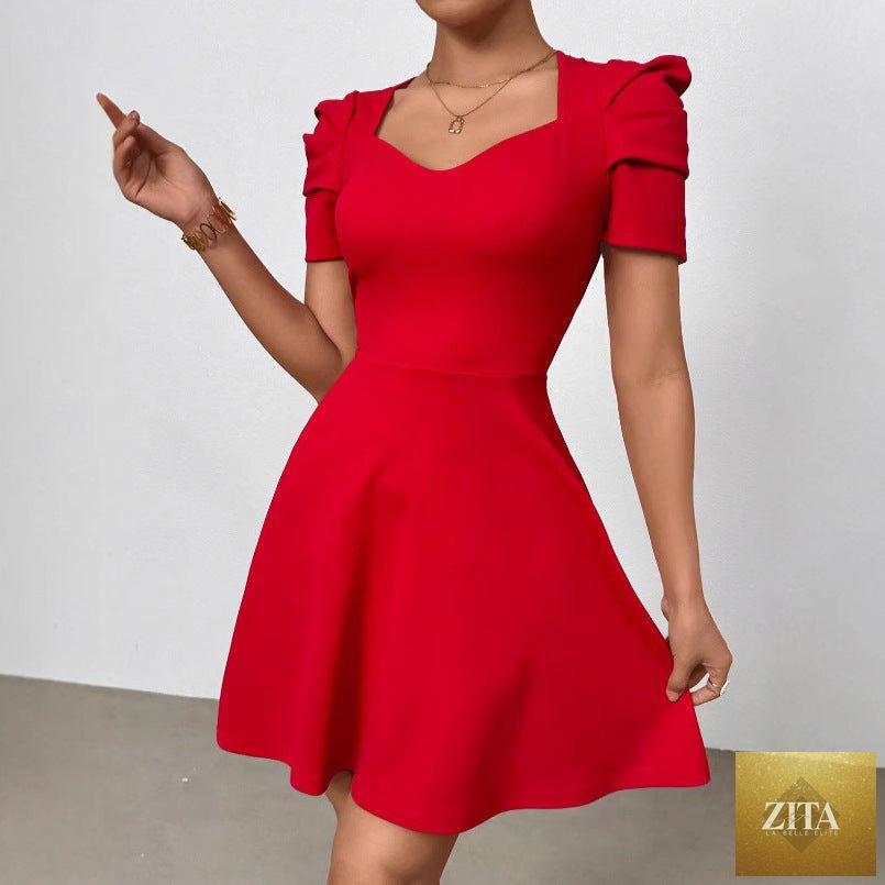 Women's boat neck high-waist mini dress with zipper patchwork, casualwear by Zita La Belle Elite, shown in a stylish front view.