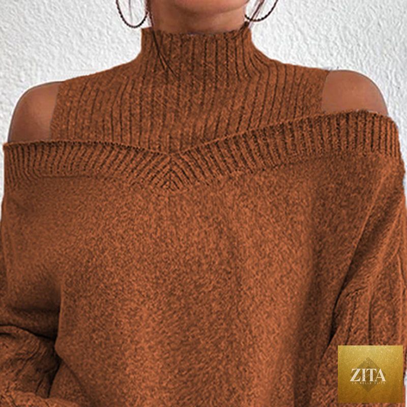 Women's cold shoulder sweater by FitiqueFit, high neck pullover with cut-out shoulders and long sleeves, casual winter wear.