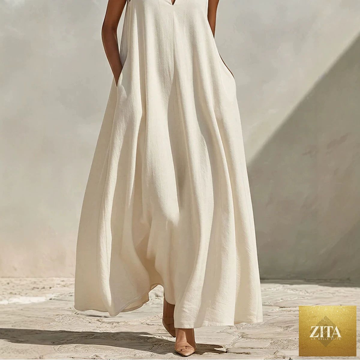 Linen blend sleeveless maxi dress with stand collar in five colors, size S-3XL, by FitiqueFit, laid flat showing front view.