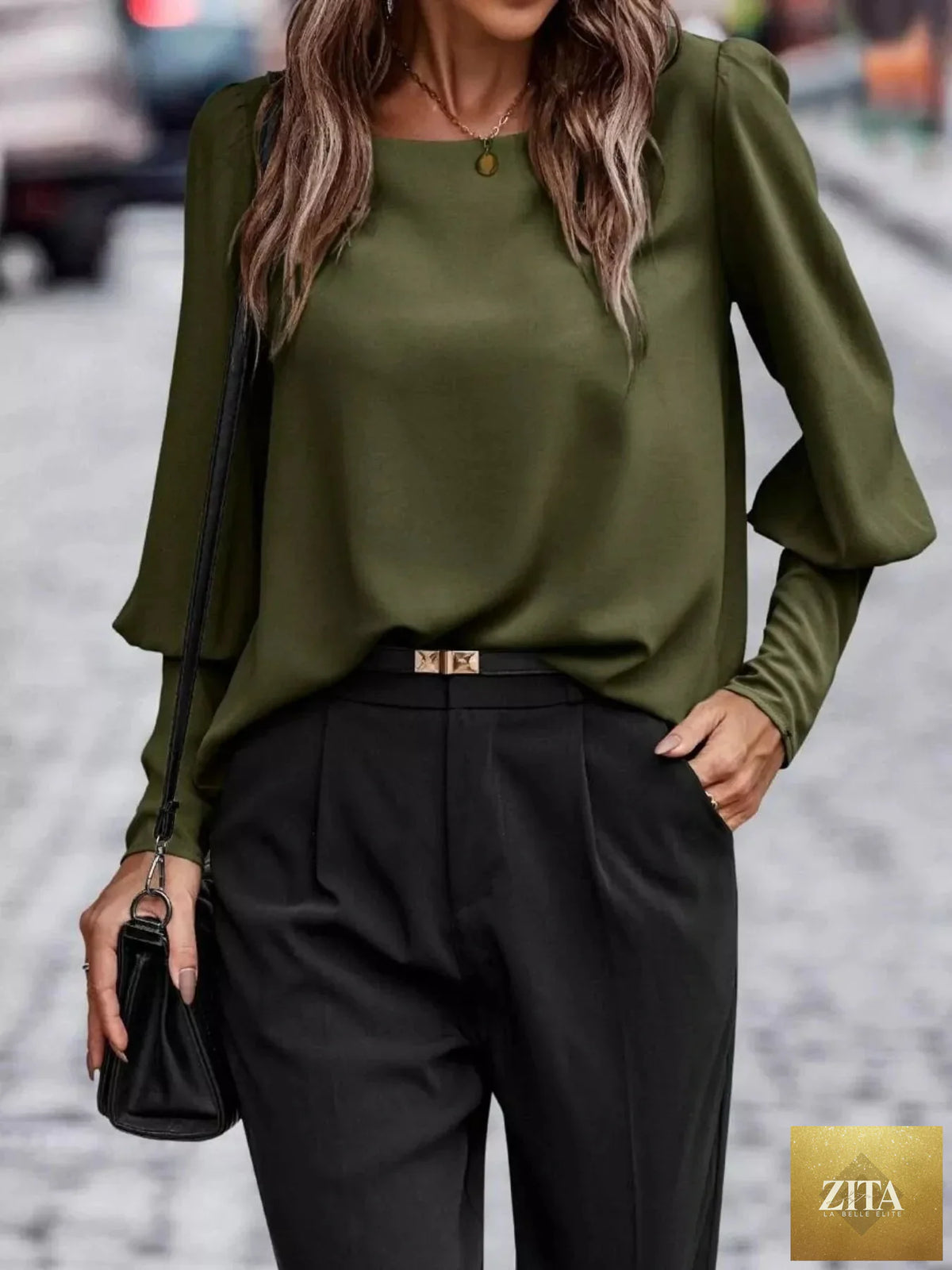 Simply Love back button lantern sleeve blouse featuring a stylish design with lantern sleeves and back button detail.