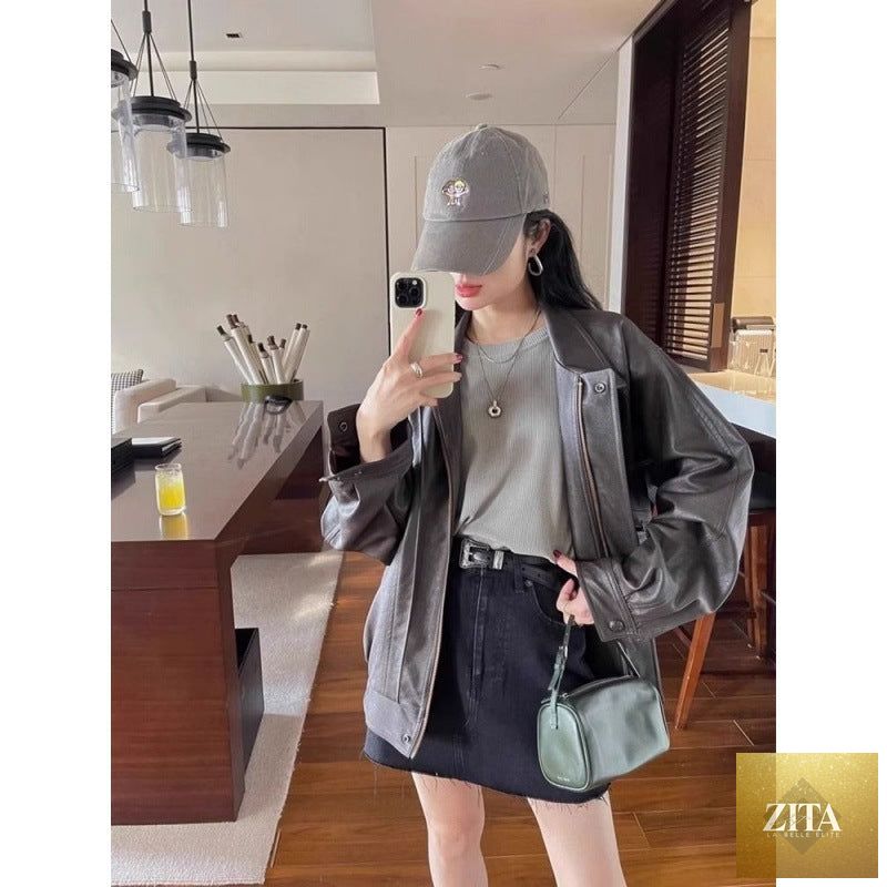Women's slim-fitting motorcycle jacket cardigan by LadyShow.Store, featuring a loose, stylish design with zipper details and a casual look.