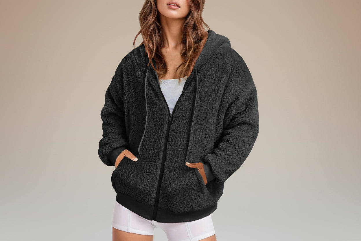 Oversized Fit FitiqueFit long zip-up hoodie in soft cotton velvet, showing the front view with a zipper and hood detail.
