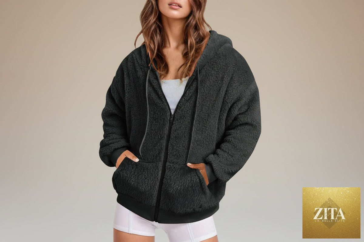 Oversized Fit FitiqueFit long zip-up hoodie in soft cotton velvet, showing the front view with a zipper and hood detail.