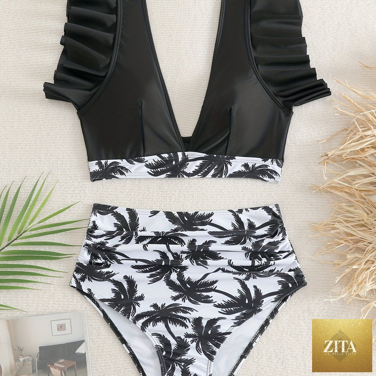 Black solid color ruffle bikini set with v-neck top and high-waisted lettuce trim bottoms, stretchy swimwear for women’s beach and pool days.