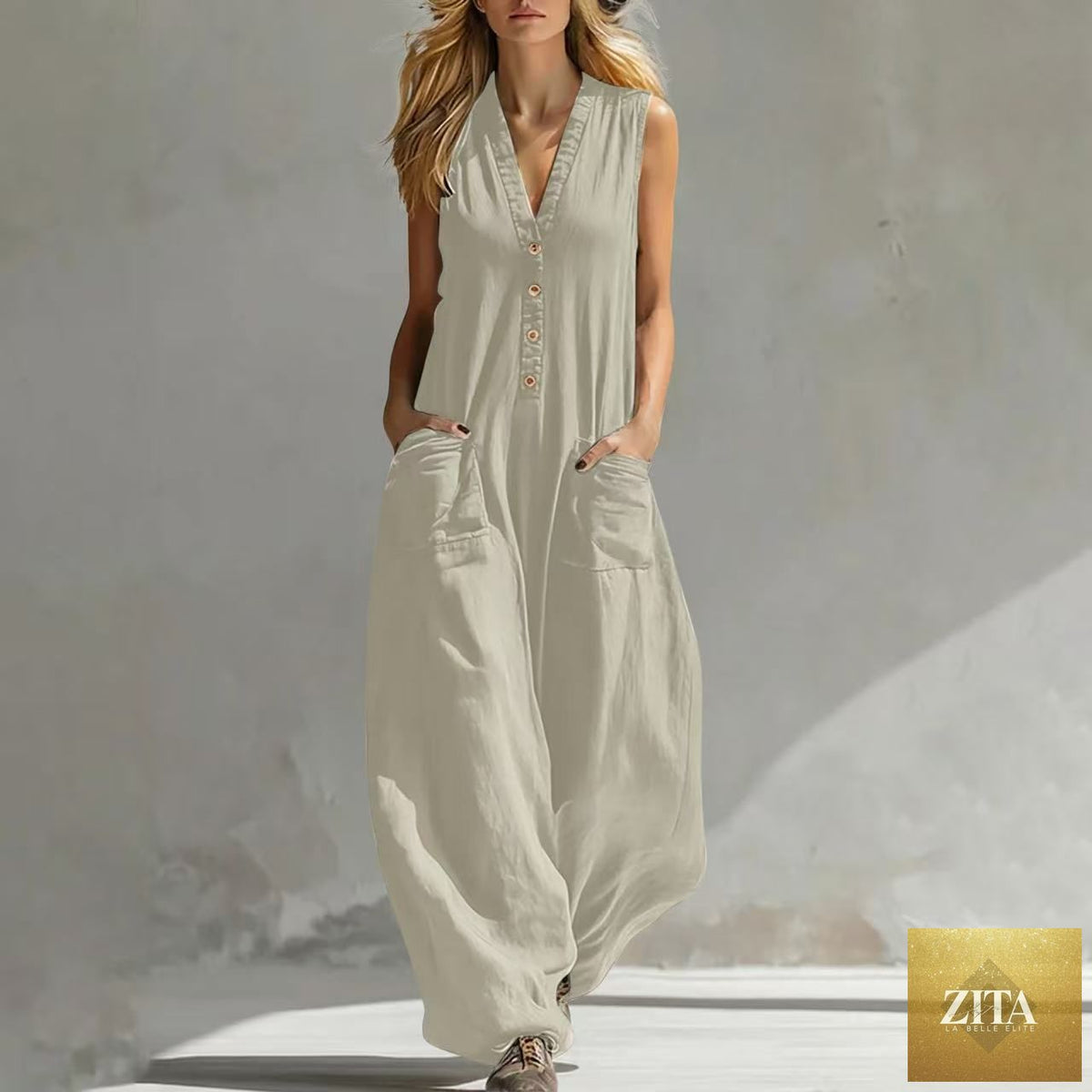 Women's sleeveless wide-leg jumpsuit with pockets by Zita La Belle Elite, featuring a casual style and relaxed fit.