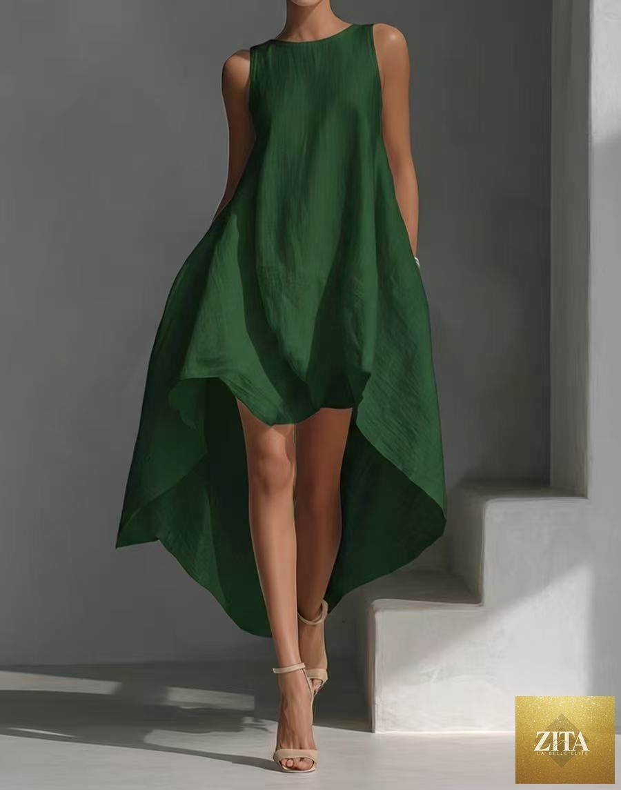 Women's sleeveless high-low linen blend dress by FitiqueFit featuring an irregular hem, perfect for summer casualwear.