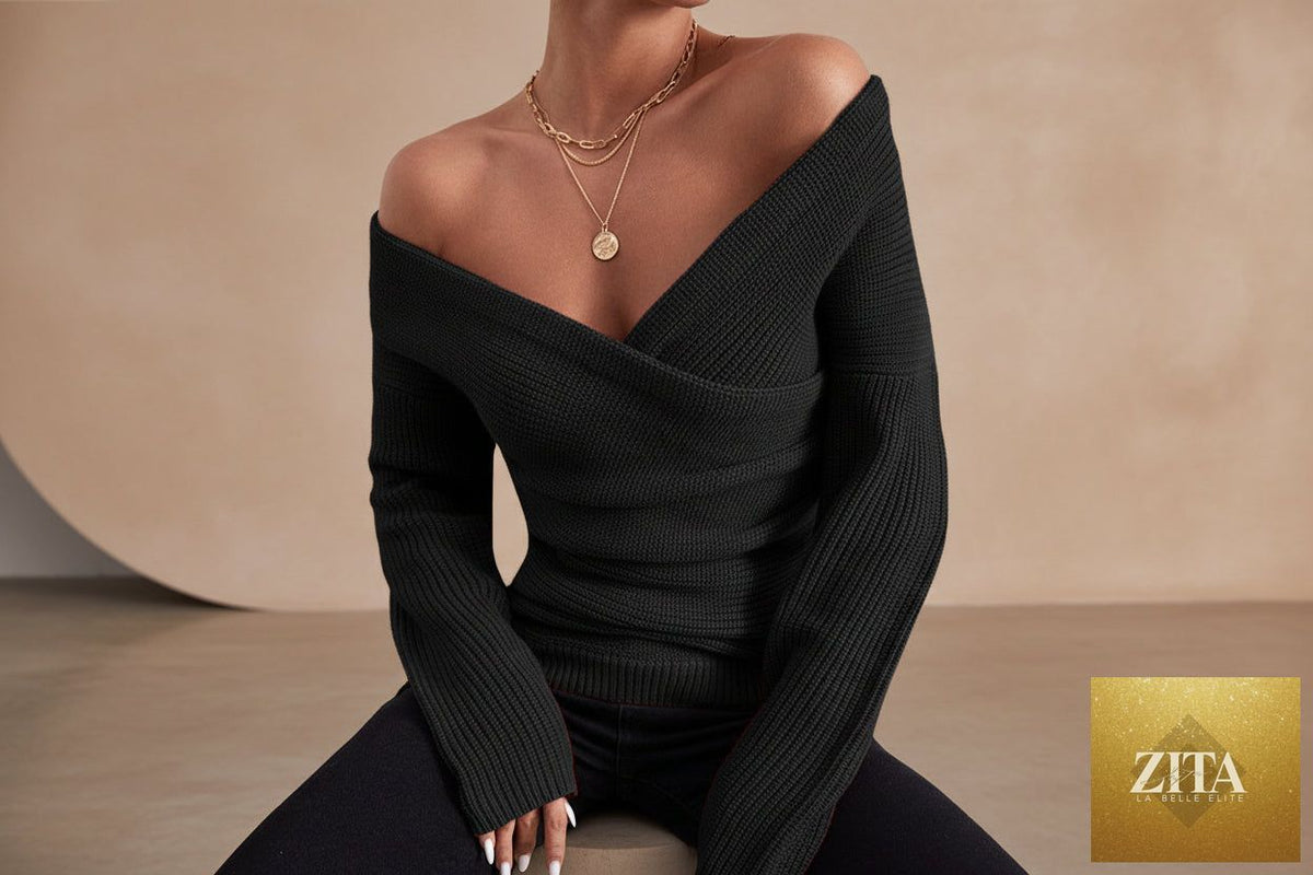 Women's off-shoulder crossover knit sweater by Zita La Belle Elite, slim fit long sleeve casualwear in cozy beige fabric.