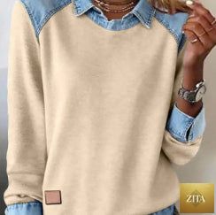 Women's casual denim collar patchwork pullover knitwear top by FitiqueFit featuring street style design and cozy knit fabric.