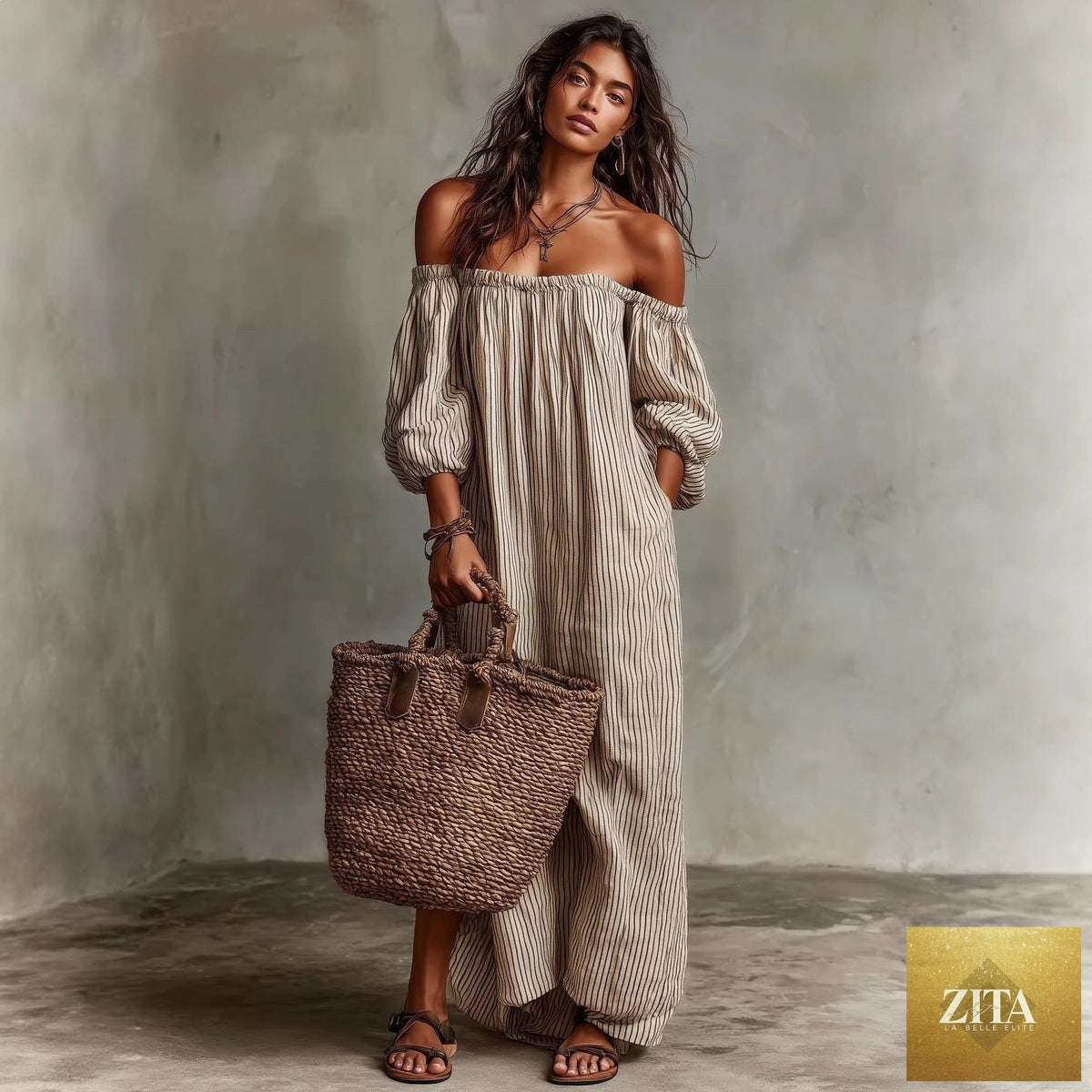 Women's off-shoulder long-sleeve maxi dress by FitiqueFit, casualwear with flowing fabric and stylish off-shoulder design.