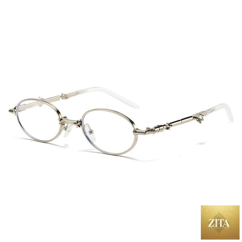 Light-tinted foldable small frame sunglasses for women by FitiqueFit, showcasing sleek, luxury eyewear design.