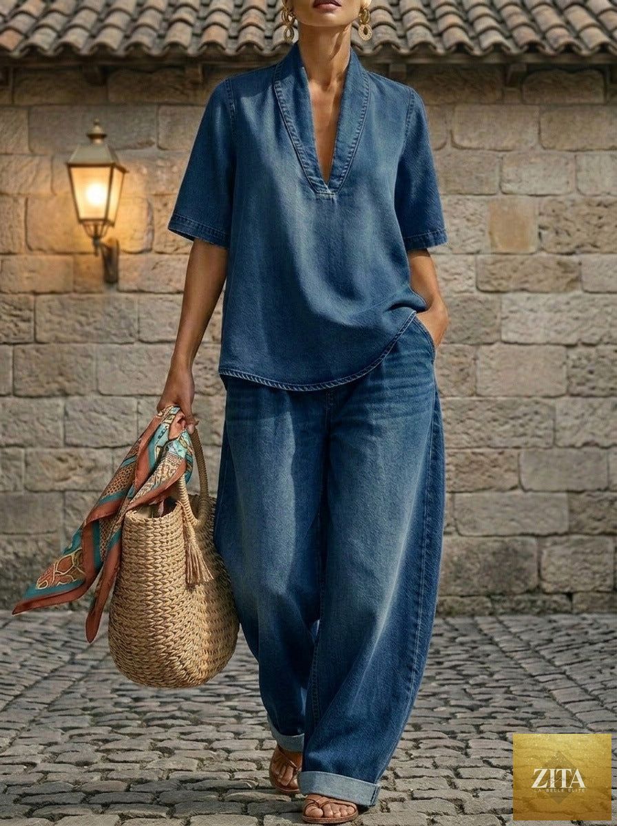 Zita La Belle Elite retro washed denim V-neck top and wide-leg pants casualwear set in three colors, size S–3XL, displayed on a model.