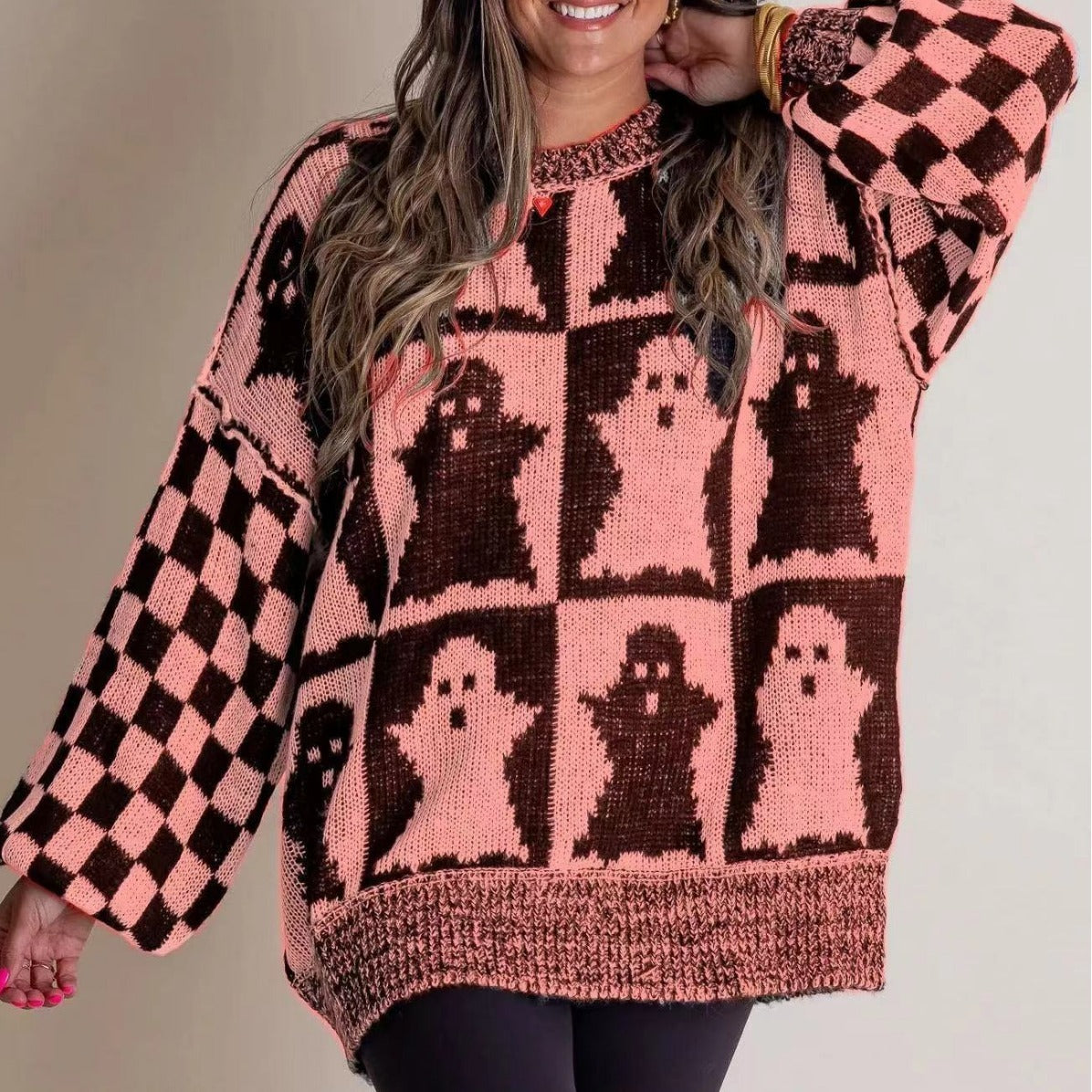 Halloween Cartoon Pumpkin Ghost Sweater Winter Loose Pullover Knitted Crimson Medea