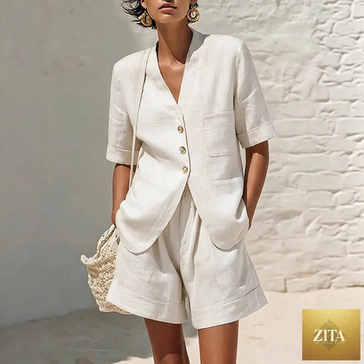 Women's cotton-linen loose-fit T-shirt and cropped shorts two-piece set by Zita La Belle Elite, casualwear, relaxed fit, neutral colors.