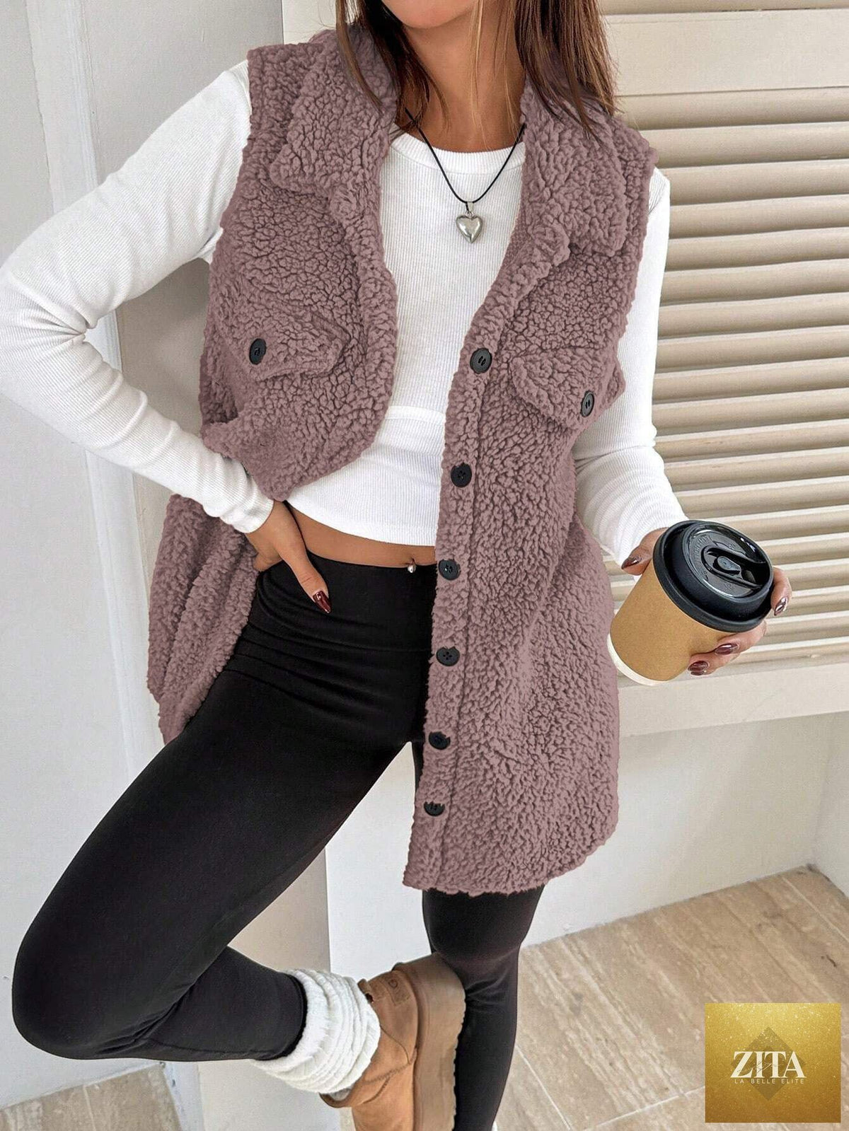 FitiqueFit wool-like sleeveless vest with lapel, stylish jacket featuring a tailored fit and soft textured fabric.