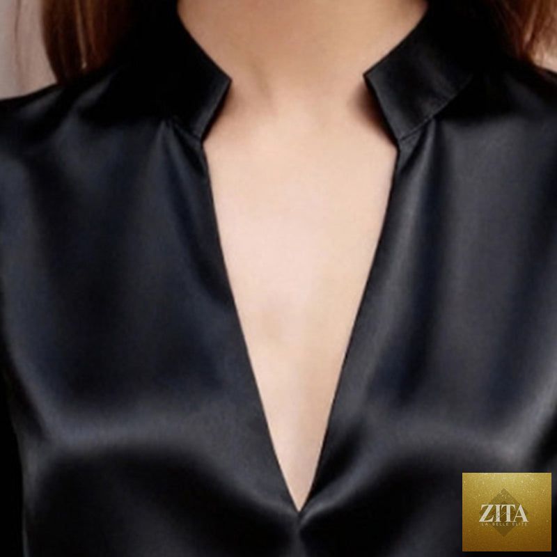 Women’s satin V-neck long sleeve blouse by FitiqueFit, slim fit solid color top with elegant satin finish, suitable for activewear.