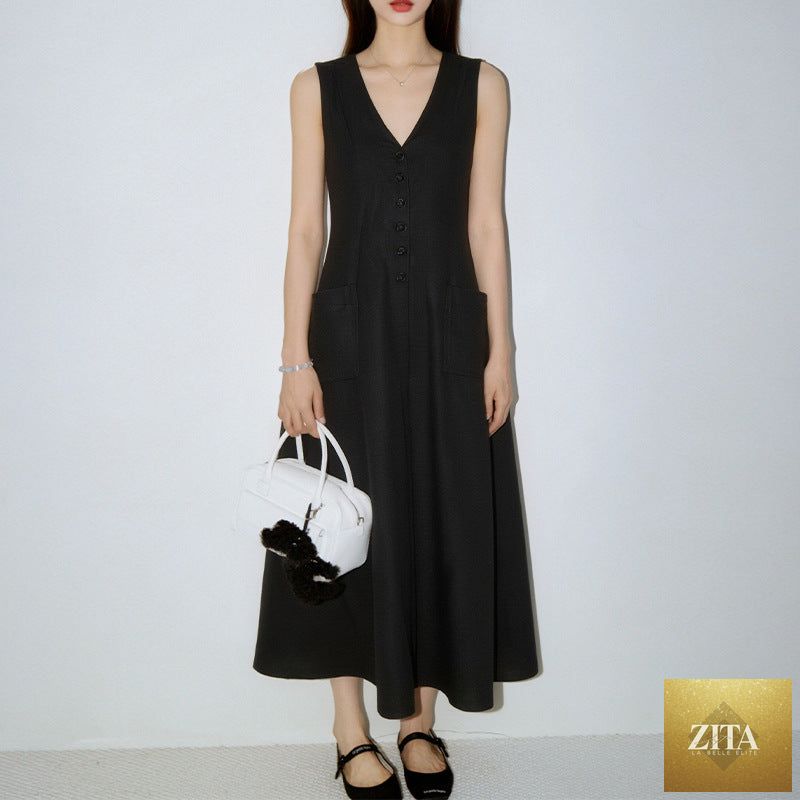 Women's V-neck sleeveless button-up pencil dress by FitiqueFit, casualwear style, featuring a fitted silhouette and V-neck neckline.