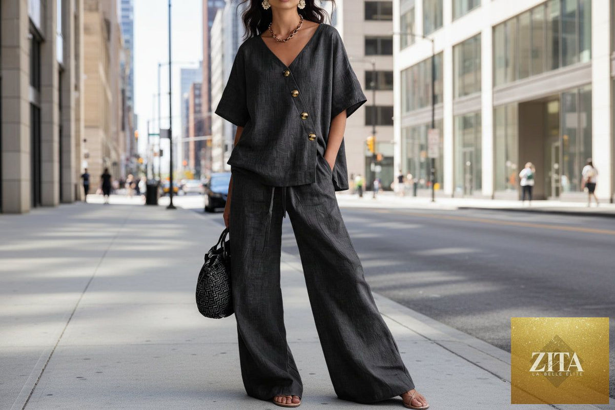 Women’s loose cotton-linen V-neck top and wide-leg pants casualwear set by Zita La Belle Elite, shown in natural fabric and relaxed fit.
