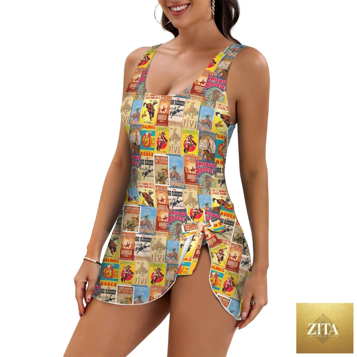 Vintage Rodeo Poster Baha Ranch Western Wear one-piece swimsuit featuring a skirted design with western-inspired print.