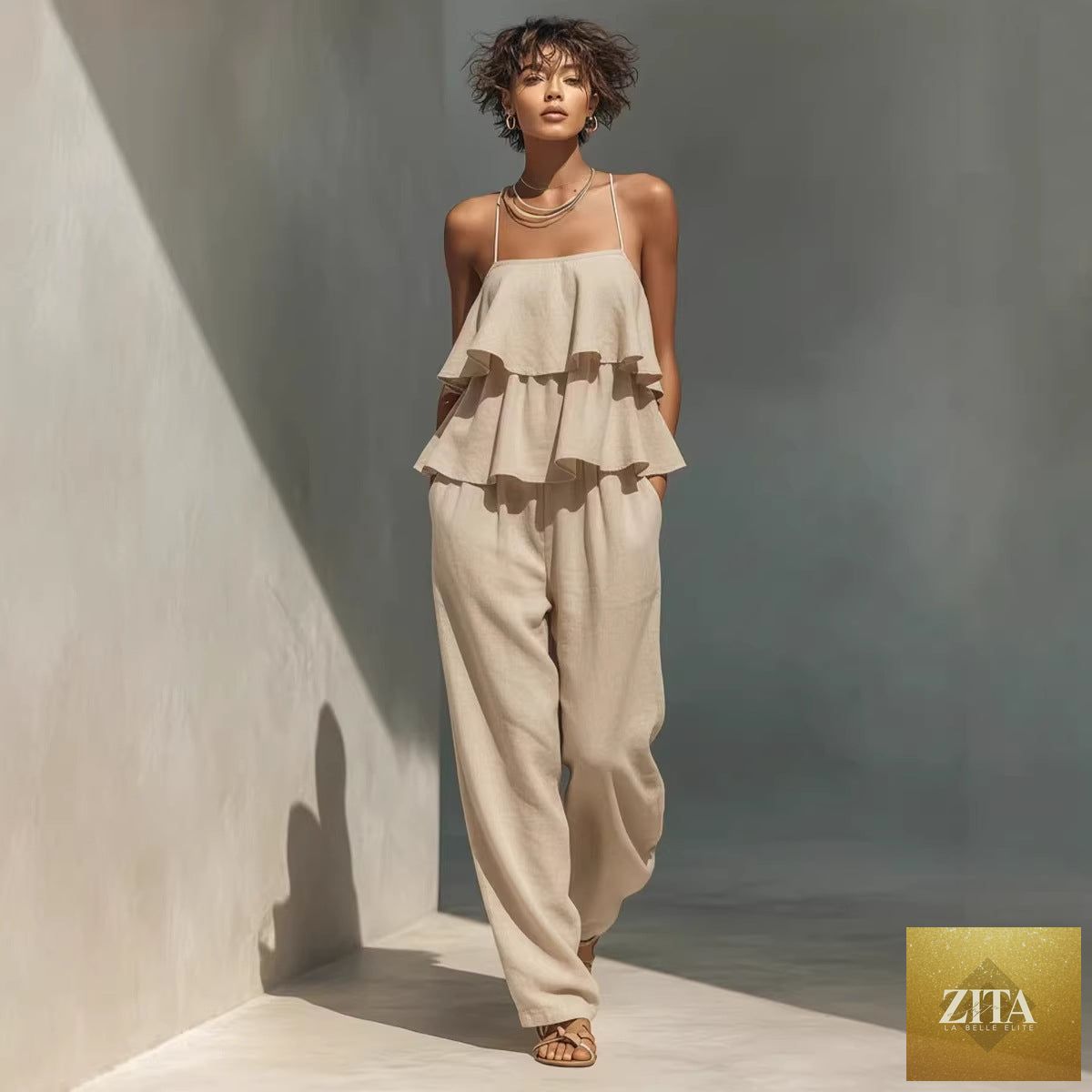 Women’s sleeveless camisole top and casual pants set by Zita La Belle Elite, featuring lightweight fabric and relaxed fit.