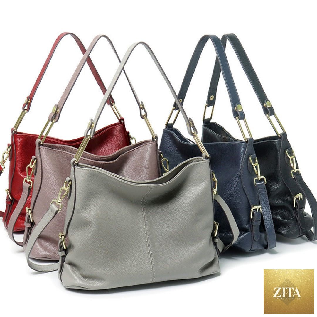 Elegant genuine leather SHOMICOBOUTIQUE handbag with stylish hobo and crossbody tote design, featuring a sleek, sophisticated look.