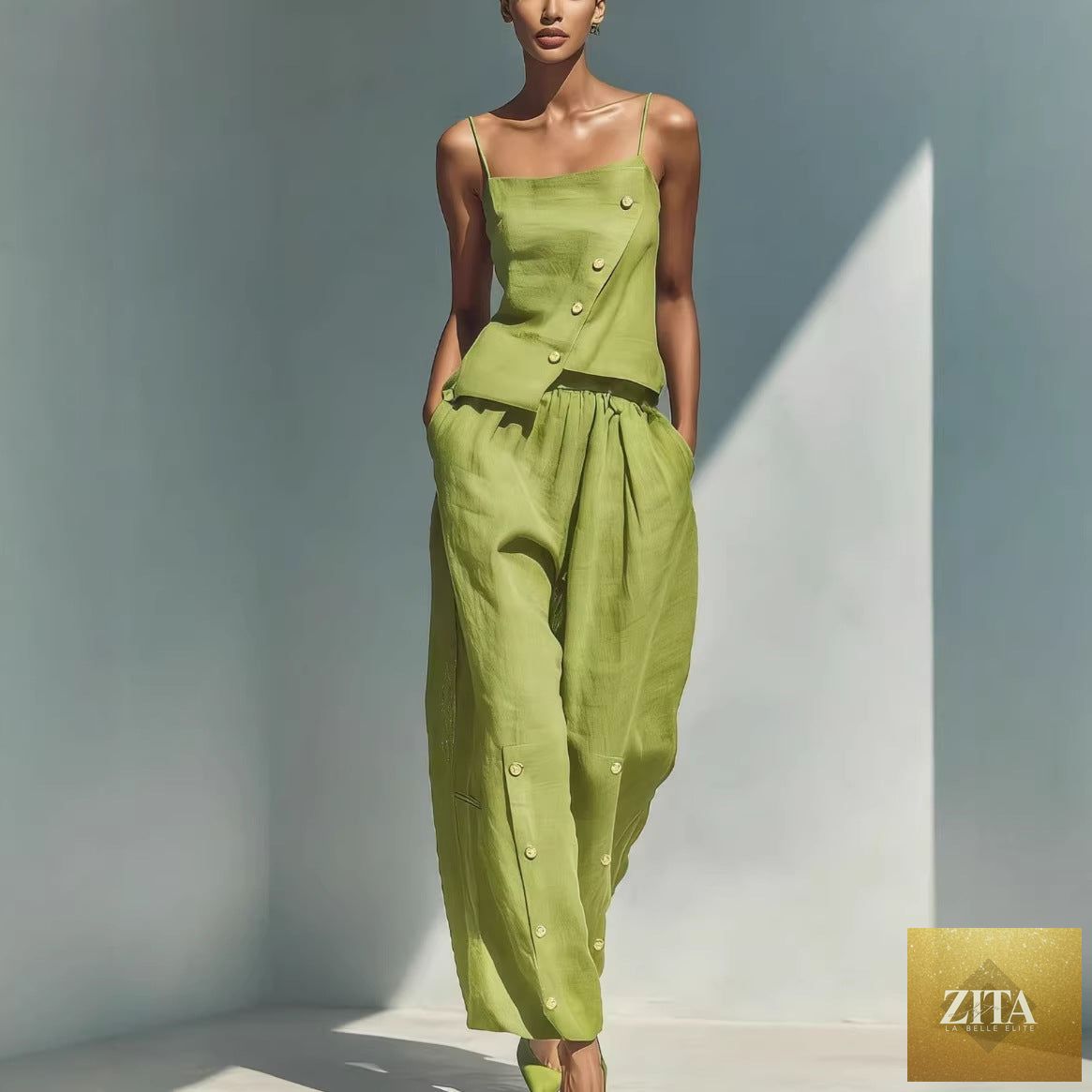 Zita La Belle Elite women's gold-buckle camisole and pants two-piece casualwear set, featuring a gold-buckle detail on the camisole.