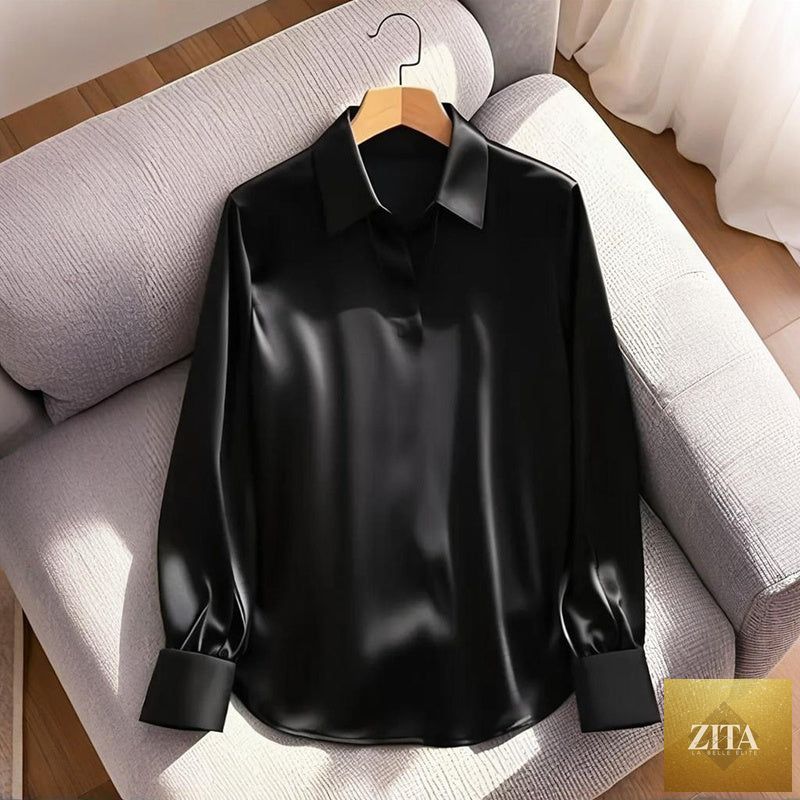 Women’s V-neck casual blouse by FitiqueFit, relaxed fit long sleeve shirt with a feminine V-neck design, perfect for business casual wear.