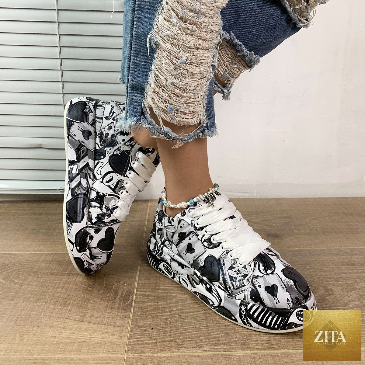 Women's FitiqueFit round-toe lace-up sneakers with thick soles and casual print design, showcasing stylish footwear for everyday wear.