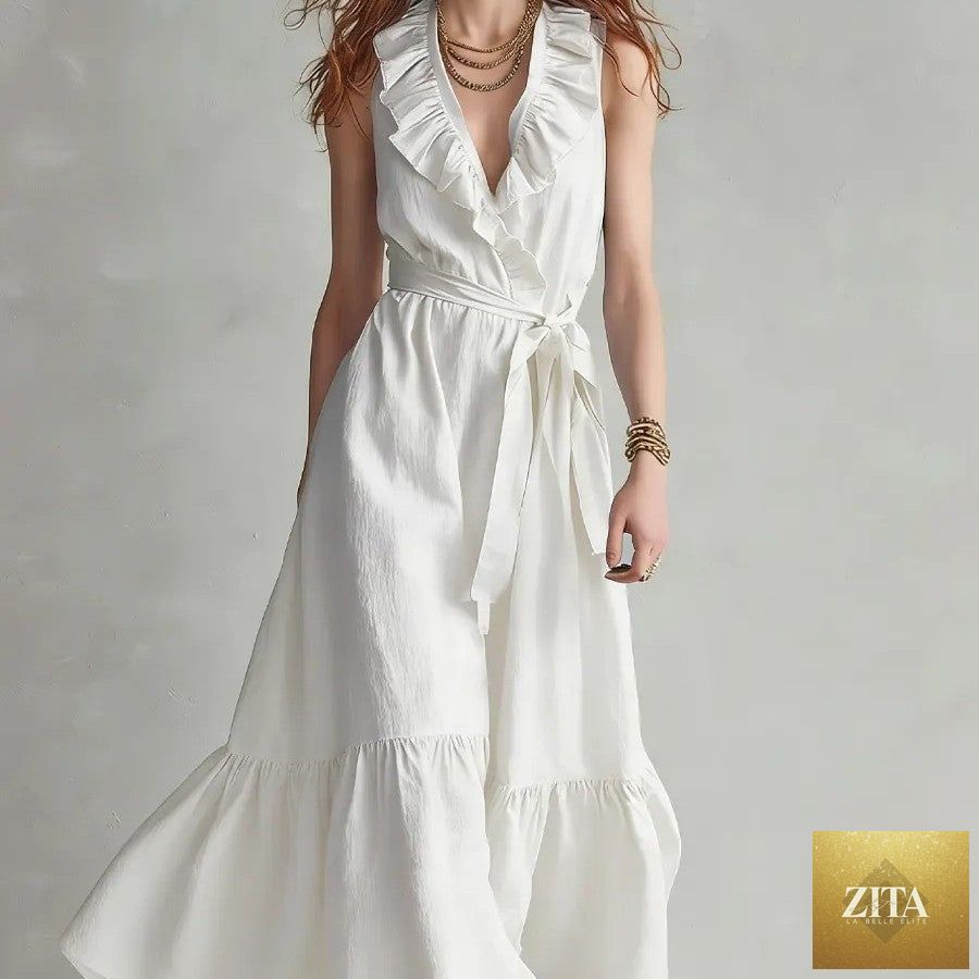 Women's FitiqueFit V-neck sleeveless maxi dress with lace-up panels and wide flare, perfect for casualwear.