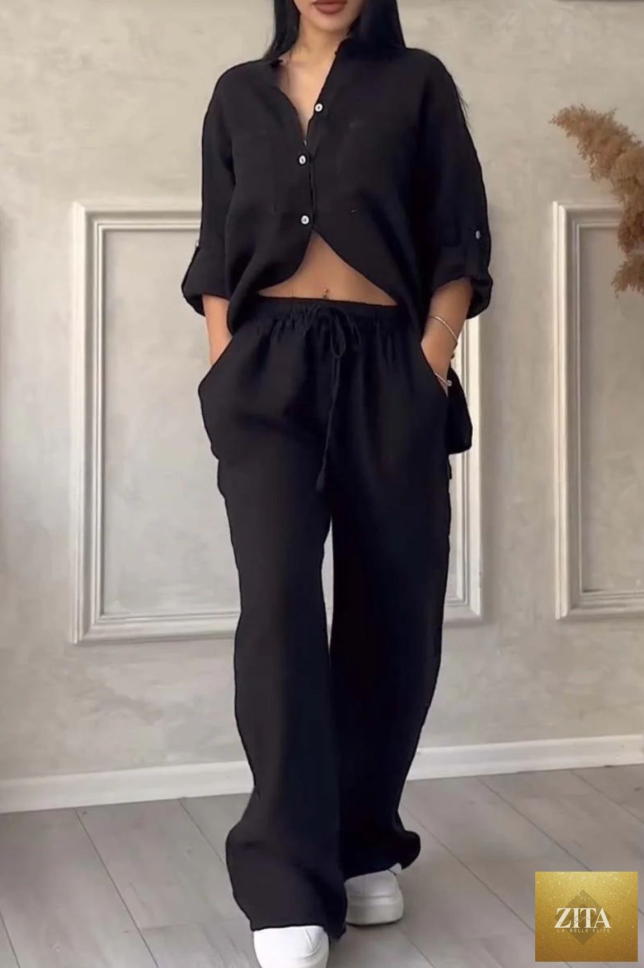 Zita La Belle Elite wide-leg pants and lace-up top two-piece set in solid color, available in 12 sizes from S to 5XL.
